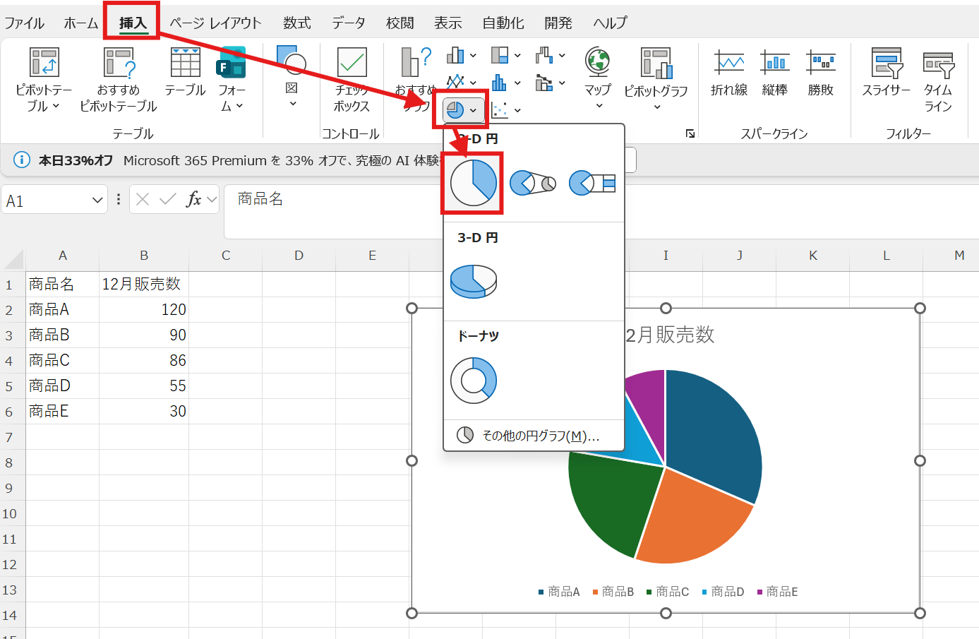 上部メニューの「挿入」タブから今回は例として「円グラフ」のアイコンをクリックしてグラフを作成